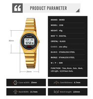 Montre digitale pour femmes SKMEI 2338 de luxe, résistante à l'eau 3ATM, avec chronomètre, alarme, luminescence et bracelet en acier inoxydable