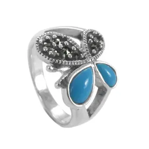 Bague papillon en argent 925 incrustée de turquoise pour femmes, style vintage à l'allure éternelle, avec acier inoxydable, cadeau élégant dans une boîte - Product Image 3