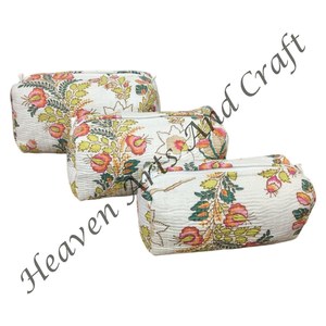 กระเป๋าเครื่องสำอางผ้าฝ้ายลายบล็อกโบฮีเมียนบุ3-Pcs แบบมีซิปชุดกระเป๋าโท้ทหนังสำหรับอุปกรณ์อาบน้ำเครื่องสำอาง - Product Image 3