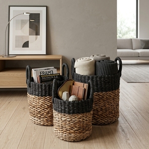 Natural Banana Bark Recycled <b>Plastic</b> <b>Basket</b> Set Two Tone Black Dipped Rim Arch Handle Cylinder Pot Planter Pure Art Setup Room - Product Image 5
