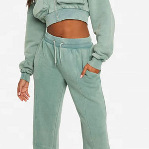 Conjunto Deportivo Lavado para Mujer, Estilo Vintage, Sudadera con Capucha y Pantalones Jogger, Conjunto de Sudadera Corta con Capucha, Ropa Urbana de Algodón, Logotipo Personalizado Bordado - Product Image 4