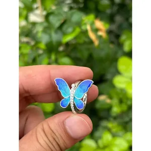 925 Silver Enamel Butterfly <b>Ring</b> <b>Adjustable</b> Rose Gold Plated Stainless Steel Inlay Fashionable Eternity Opening <b>Ring</b> Gift - Product Image 3