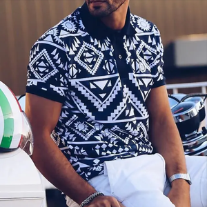 Polo de manga corta con estampado geométrico para hombre, informal con botones, cómodo, ropa de golf y calle cubierta - Product Image 3