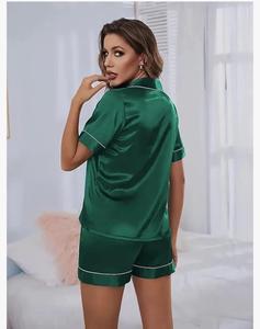 Conjunto de traje de noche relajado con cuello en V de satén tejido para mujer, ropa de dormir Floral, pijama de seda con cordón, pantalones cortos lisos/lisos - Product Image 5