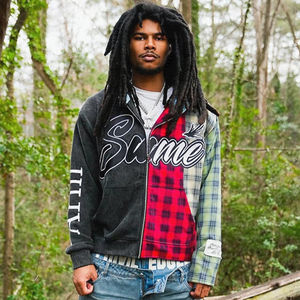 Sweat à capuche zippé brodé et imprimé sur mesure en flanelle de coton épais patchwork OEM - Product Image 3