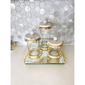 Ensemble de 3 bidons en verre design fantaisie unique d'art créatif moderne et fournitures d'accessoires de cuisine à base de métal plaqué or - Product Image 3