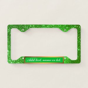 Modern Luxury Gold Glitter Green License Plate <b>Frame</b> with Custom Text Option <b>Clamp</b> Type Style B - Product Image 1
