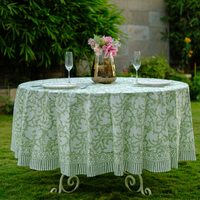 Nappe en coton imprimée au bloc, motif floral moderne, vert sauge indien, faite à la main, écologique, durable, personnalisable, pour fêtes, mariages et maison