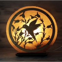 Lampe de sel de l'Himalaya sculptée à la main de 4 kg, 15 W, lumière incandescente chaude, design colibri, base en bois, éclairage décoratif