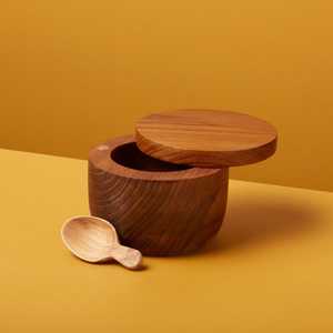 Luxury Indian Handicraft Wooden Salt Cellar With Swivel Lid - <b>Spice</b> <b>Jar</b> & Condiment Keeper For Kitchen Table. - Product Image 2