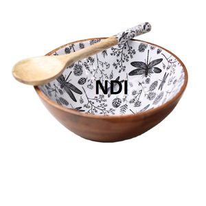 Handcrafted Fruit Salad Mixing & Serving Rustic Wooden Bowl With Enamel Finishing For Home & Hotel Tableware Decoration Usage - Product Image 1