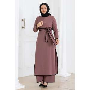 Ensemble 2 pièces rose poudré MSW19365-3, style décontracté quotidien, haut en coton tissé avec ceinture et short, taille XS à XL, saison automne - Product Image 1