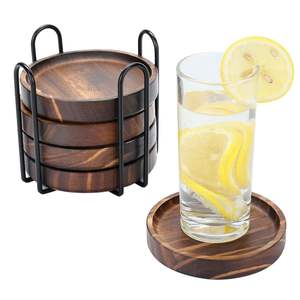 Juego de 5 Posavasos Redondos de Madera de Mango con Soporte de Metal Negro - Posavasos Rústicos de 4.5 Pulgadas para Mesa de Centro y Decoración del Hogar - Product Image 1