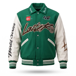 Veste universitaire brodée de qualité supérieure pour homme, bleu marine et beige, style baseball, avec design de manches de la Ligue nationale - Product Image 1