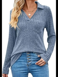 Camiseta de Manga Larga a Rayas para Mujer, Cómoda, de Punto, con Cuello Polo, para Primavera y Otoño, Informal, Sólida, Transpirable - Product Image 5