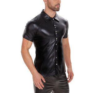 Chemise décontractée à manches courtes en cuir coupe-vent pour homme, fermeture à boutons personnalisée et design de logo - Product Image 4