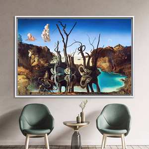 Toile imprimée : Œuvre d'art de Dalí représentant des cygnes - Décoration artistique élégante et célèbre, 1P : encadré blanc - Product Image 1
