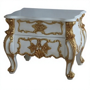Qualiteak QBS 003 Handmade Eco-Friendly Antique <b>White</b> Painted French Rococo <b>Bedside</b> Table Gilded Carving 2 Drawers Solid - Product Image 1