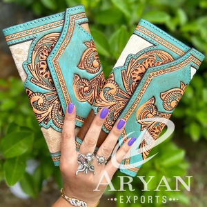 Nuevo Western Stylish Hair On Hide Color Tooled Fur Leather Clutch Mujeres Monedero diseñado Venta caliente Tooled Leather Unique Wallet - Product Image 1