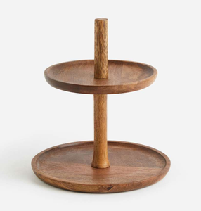 Soporte de pastel de madera de diseño simple Mango de metal de 2 niveles para bodas Soporte de pastel de servidor de producto de madera redondo - Product Image 3