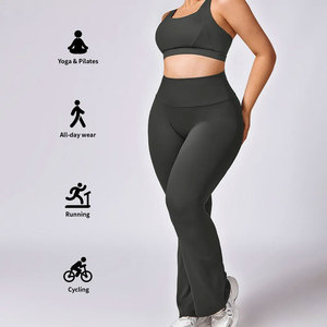 High Waist Full Length Leggings 2 Piece Yoga Set Seamless Lightweight Ribbed Solid Black Crop <b>Top</b> Racerback Square Neck All Day - Product Image 3