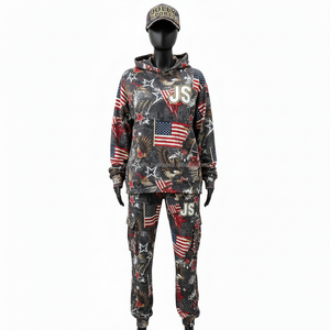 Premium 340 GSM mujeres chándal tela polar bandera americana estampado personalizado bordado Logo Sudadera con capucha Jogger conjunto chándales de talla grande - Product Image 6