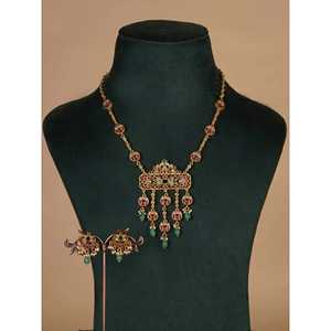 Multicolor Gold Plated Jadau Kundan Necklace Set with <b>Earrings</b> Vintage Fine Jewelry Zircon Base Metal Ladies-MS2258M - Product Image 3