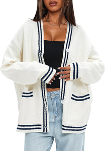 Pull cardigan en tricot vintage tendance pour femmes, col en V oversize, décontracté, tricot d'automne avec poches, commande en gros, mode 2025 - Product Image 3