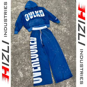 Blue Oversized Hoodie Sweatpants <b>Set</b> Unisex Streetwear Full Sleeve Drawstring Loose Fit Winter Wear Double Belt Sun Faded 100% - Product Image 1