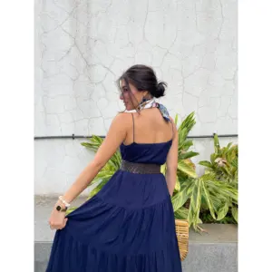 ชุดเดรสราตรีสีน้ำเงินกรมท่าสวยหรู ผ้าเรยอน ติดกระดุม ไซส์ XS-5XL คุณภาพสูง ลายพิมพ์ตามสั่ง แบบผูกคอ ชุดเพื่อนเจ้าสาว สำหรับผู้หญิงไซส์พลัส - Product Image 3