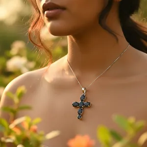 Art Palace Classic 925 <b>Silver</b> Rhodium Plated Trendy <b>Cross</b> Pendant Oval Black Sapphire Stones Claw Set Unisex Religious - Product Image 2