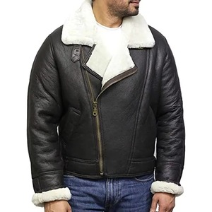 Black Flying Pilot Shearling <b>Leather</b> Bomber <b>Jacket</b> <b>Winter</b> <b>Jacket</b> Shearling Collar Zip Up Outerwear OEM Manufacturer in Pakistan - Product Image 1