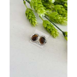 Navajo Handmade Tiger Eye & Sterling <b>Silver</b> <b>Stud</b> Earrings with Bezel Setting for Gift - Product Image 3