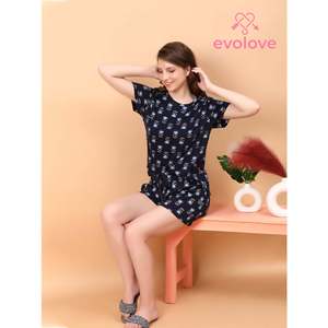 Conjunto de Pijama Corto para Mujer, Color Azul Marino, 100% Algodón Tejido, Tacto Suave, Manga Corta, 2 Piezas - Product Image 5