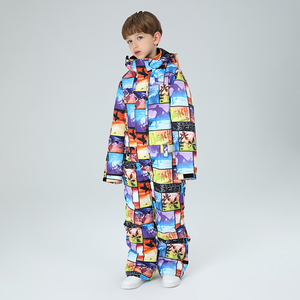 Conjunto de traje de esquí de una pieza Cálido impermeable a prueba de viento para niños, chaqueta térmica, pantalones, cremallera estampada para niños y niñas, equipo de esquí al aire libre - Product Image 5