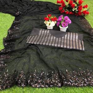 Sari de seda de trabajo de secuencia pesada de diseñador de Bollywood con blusa para festivales de bodas y fiestas para adultos - Product Image 5