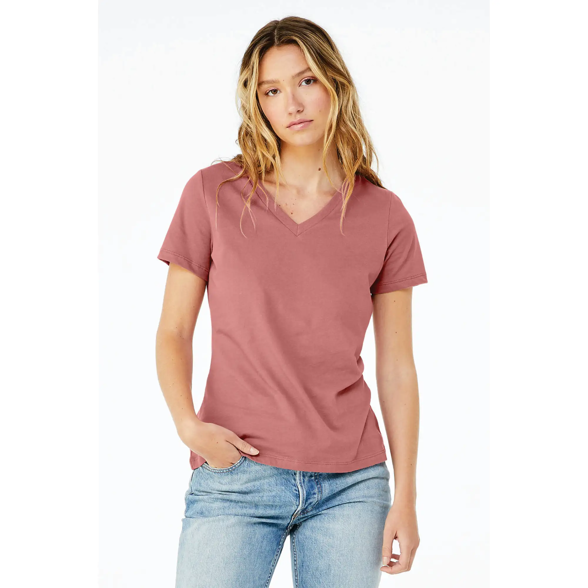 100% Airlume Combed and Ring Spun Cotton 32 Single 4.2 oz Mauve Womens Relaxed Jersey Short Sleeve V-Neck T-Shirt