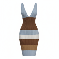 Robe midi moulante sans manches à col en V pour femme, en tricot texturé décontracté à rayures horizontales, personnalisable OEM/ODM