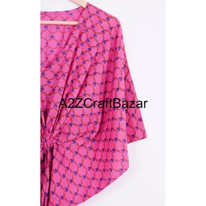 Caftán para Mujer, Algodón Indio, Estampado Floral a Mano, Maxi Largo, Ropa de Dormir, Kimono, Cuello en V, Cierre con Cinturón, Suave y Liso - Product Image 3