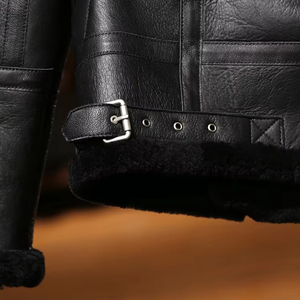 Chaqueta de Cuero para Hombre, Estilo Aviador, Forrada con Borrego, con Cuello Alto, Impermeable y Cortavientos, de Cuero Premium - Product Image 4