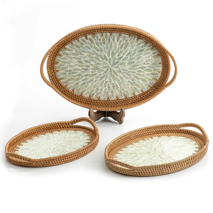 Modern <b>Round</b> Rattan Serving <b>Tray</b> With Grey Chic Design Designer Pattern Ideal For Coffee <b>Table</b> Decor And Serving - Product Image 1