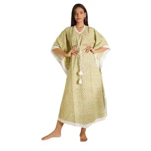 New Arrival 2024 Beige Indian Hand Block Print Kaftan Robe Summer Dress Unisex Kimono Vacations Loose Fit Dress Women's Clothing
