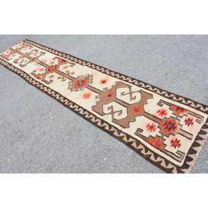 Alfombra turca Kilim Vintage de 29x128 pies, marrón, Beige, diseño de retales, Material de lana, respaldo de látex, técnica de tejido plano para dormitorio - Product Image 4