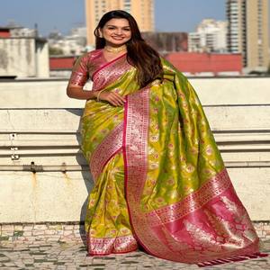 Sari de Seda Suave Banarasi Premium VASTRA COTTAGE, Color Oro Rosa, Zari Meenakari Jaal, Pallu de Rico Contraste con Blusa, Ropa Festiva - Product Image 5