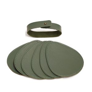 New Arrival Green Leather Coaster With Holder Lid <b>Set</b> of 5 Round Shape Table Decoration Accessories Leather Coaster <b>for</b> <b>Sale</b> - Product Image 1
