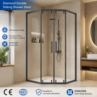 Porte de douche coulissante double en verre trempé de 8 mm, forme diamant, encadrée, moderne, pour rénovation de salle de bain commerciale et hôtelière B2B