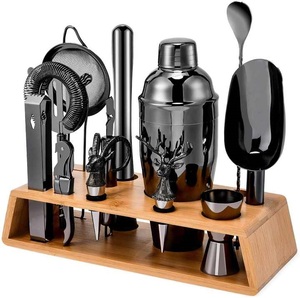 Ensemble d'outils de barman en acier inoxydable plaqué argent/cuivre, best-seller, avec support en bambou écologique Rudra - Product Image 1