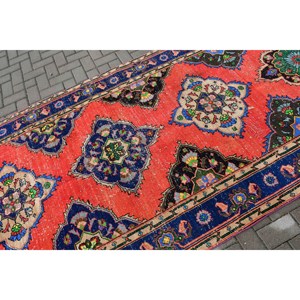 4.8x13 ft Vintage <b>Runner</b> Rug, <b>Red</b> Blue Turkish Persian Wool Rug - Product Image 5