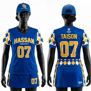 Uniforme de Lacrosse para Mujer, Malla de Poliéster Premium de 200 GSM, Marrón Crema con Panel Lateral Azul, Impresión de Número y Logotipo Personalizados - Product Image 3