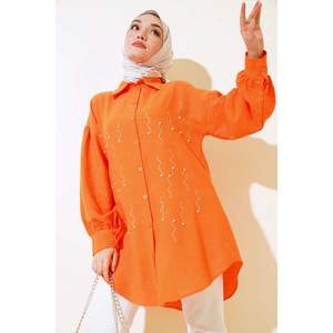 Chemise en lin de soie orange avec col montant brodé de perles à revers motif rayé taille XL vêtements longs pour la saison d'automne - Product Image 2